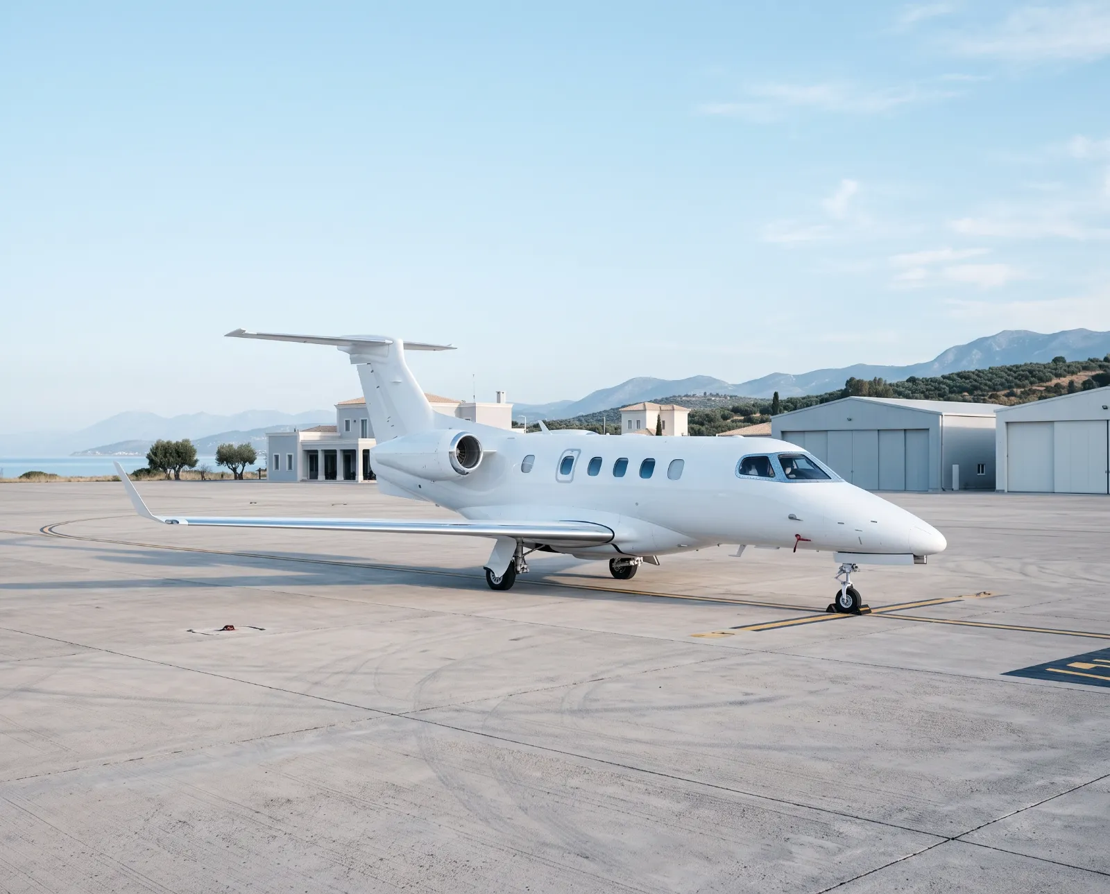 White light business jet on a Mediterranean airport apron in morning light