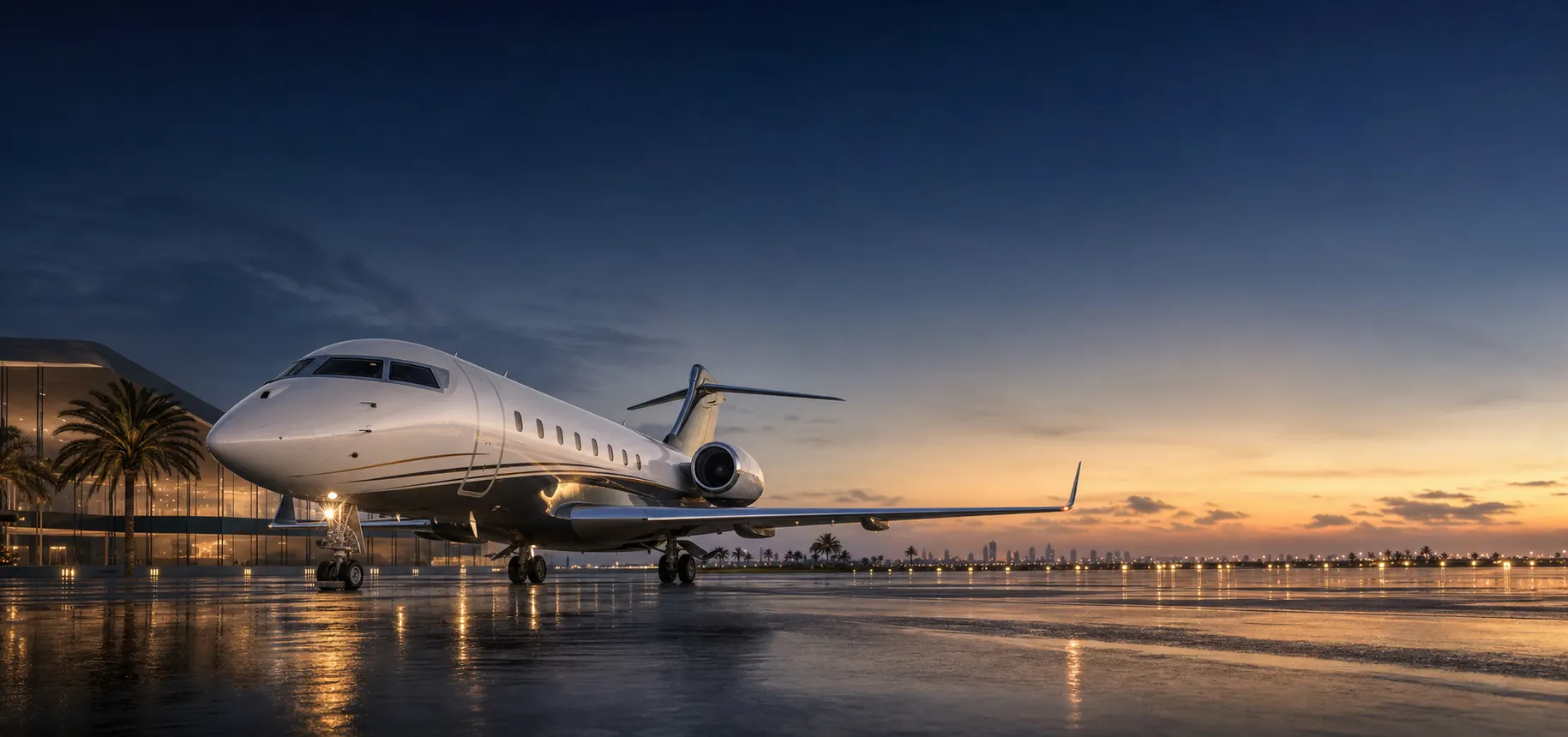 Private jet on the runway at sunrise