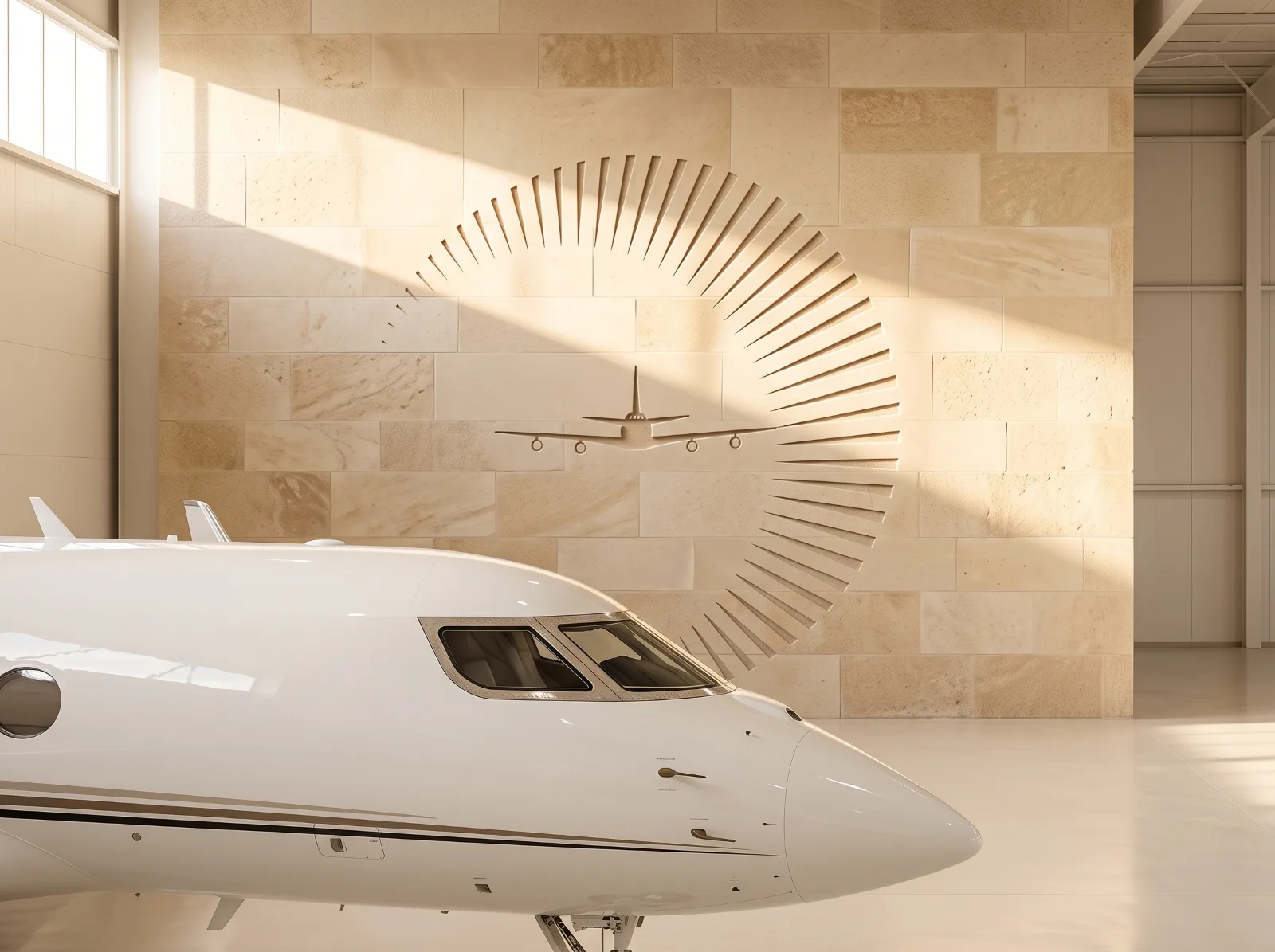 Numina emblem carved into a limestone wall beside a private jet in a sunlit hangar