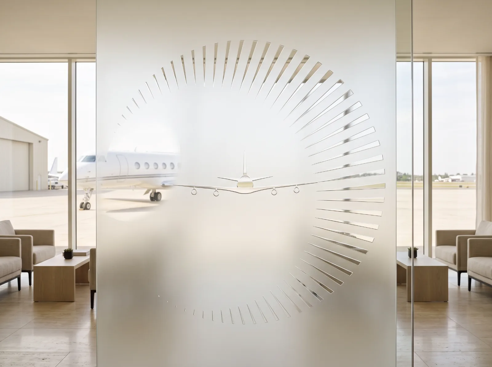 Private terminal lounge with the Numina emblem etched into a frosted glass partition