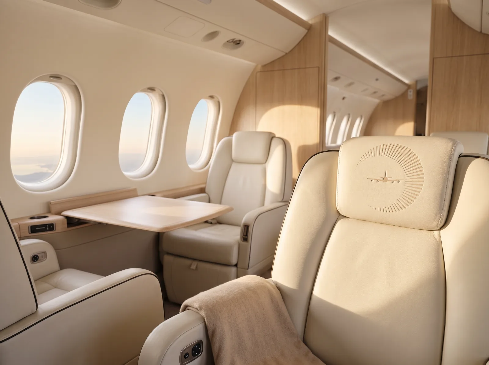 Private cabin in ivory leather, the Numina emblem embossed on the headrest
